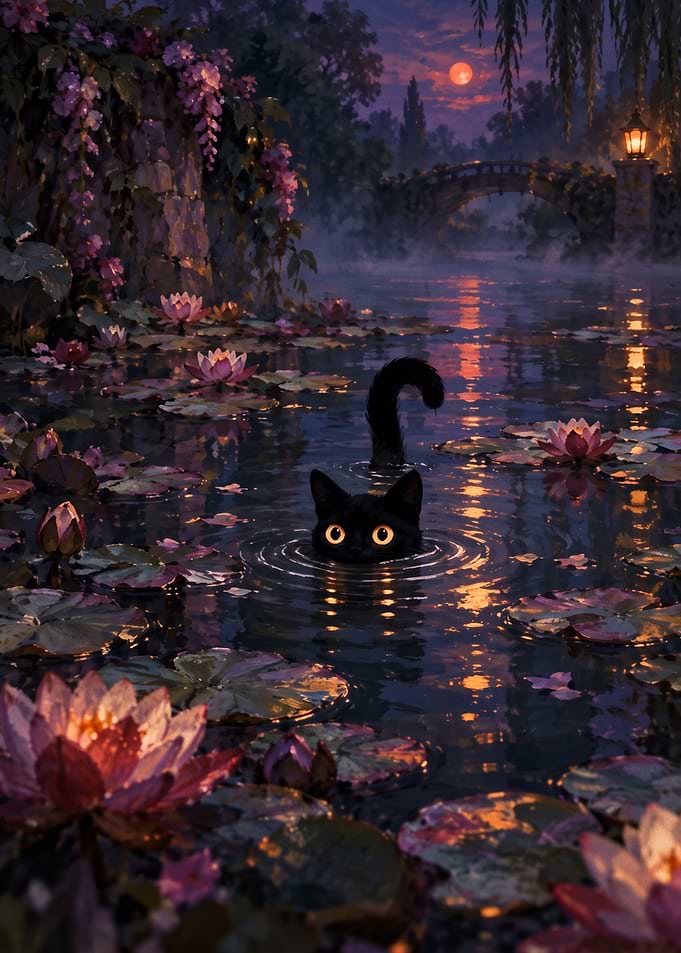 Black Cat Swimming in Lotus Pond