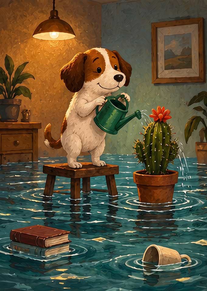 Cute Puppy Watering Cactus in Flood
