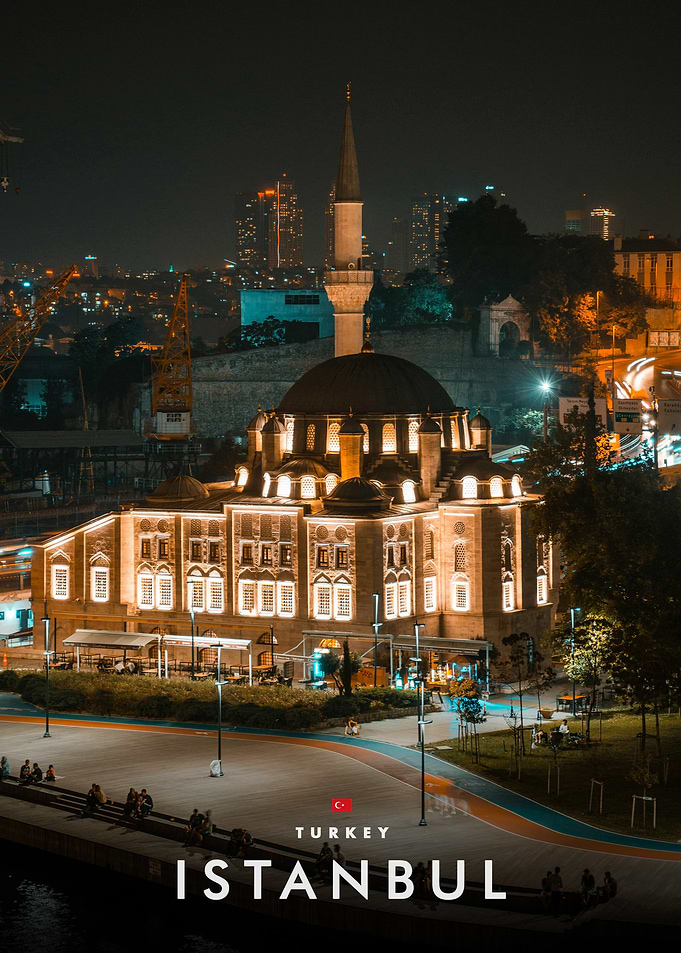 Illuminated Mosque in Istanbul at Night