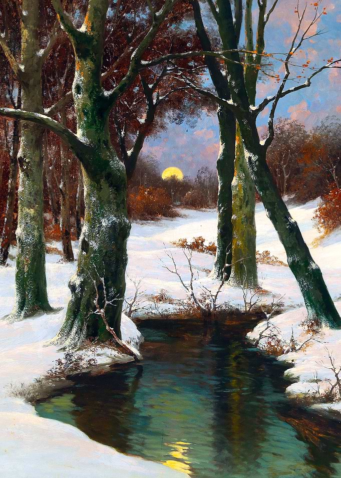 Winter Landscape with Rising Moon by Adolf Kaufmann Snow Painting