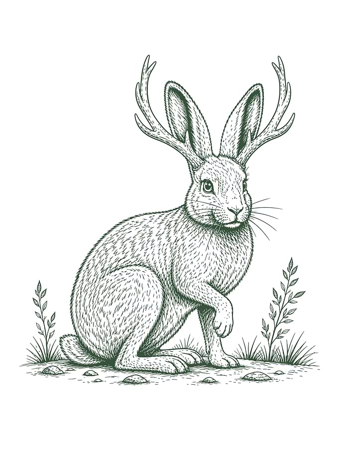 Engraved Illustration of a Jackalope