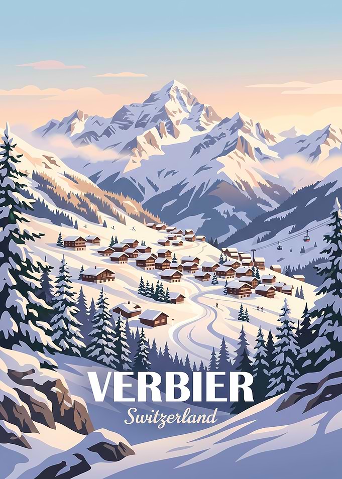 Verbier Switzerland Winter Ski Resort Poster