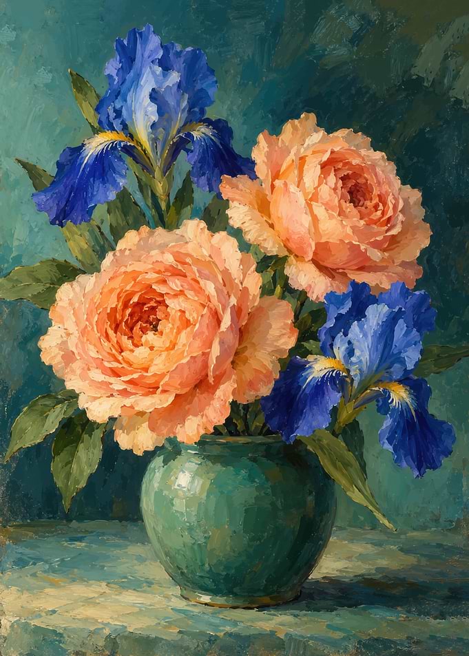 Still Life Painting of Peonies and Irises