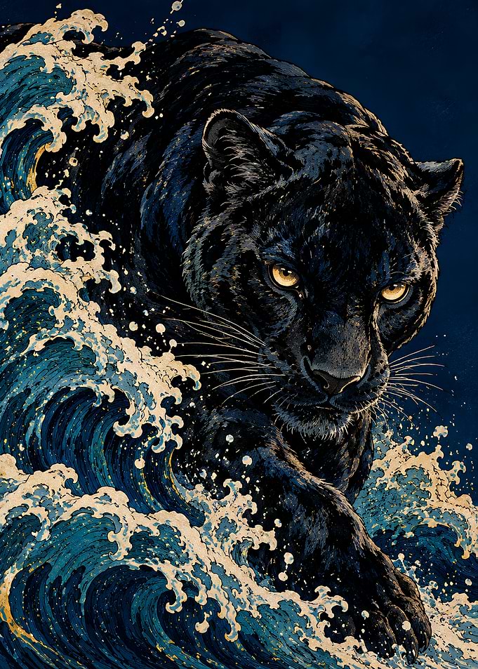 Black Panther Emerging from Ocean Wave
