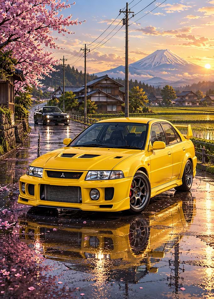 Yellow Mitsubishi Lancer Evolution V