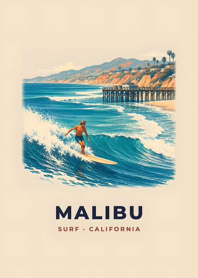 Malibu Vintage Surf Poster Pier Wave