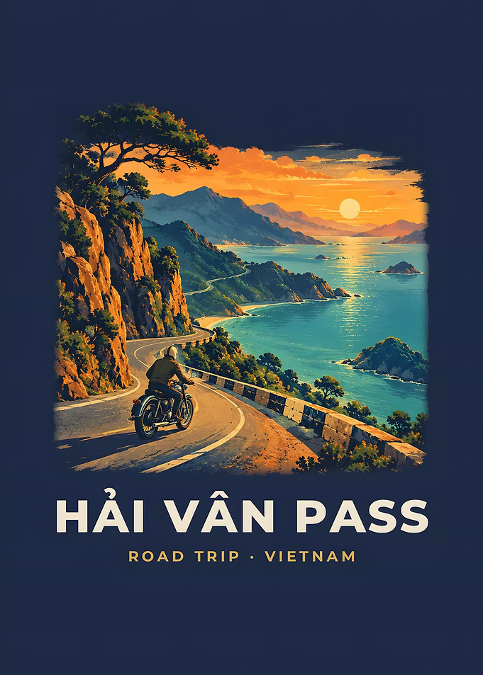 Hai Van Pass Vintage Road Trip Poster Coastal Motorcycle