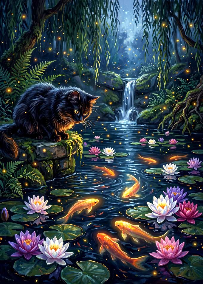 Black Cat Watching Glowing Koi Pond