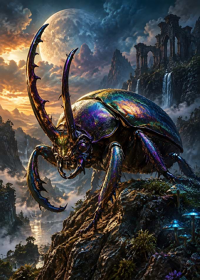 Iridescent Giant Beetle in Fantasy Landscape