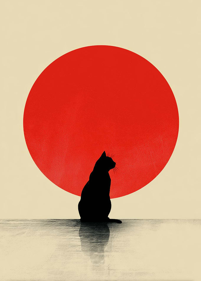 Minimalist Cat Silhouette with Red Sun