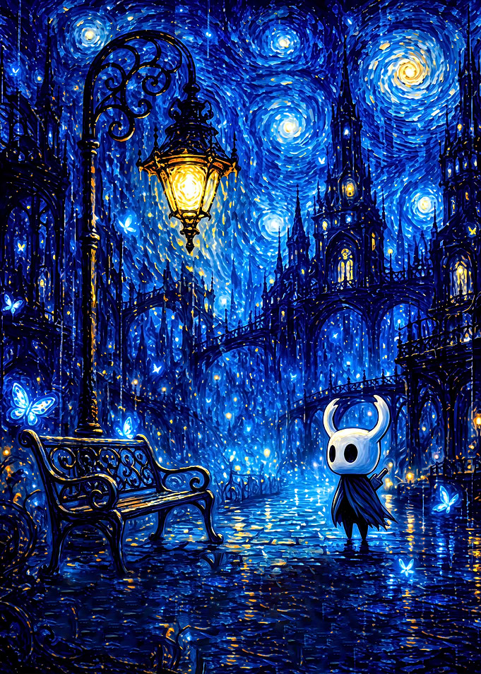 Hollow Knight in Starry Night Style