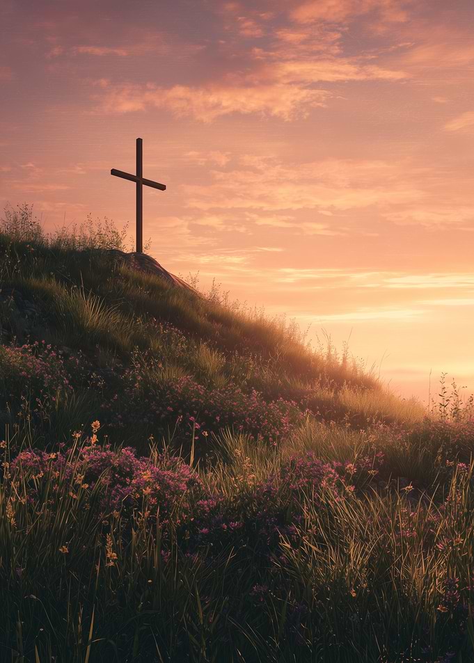 Christian Cross on Hill at Sunset