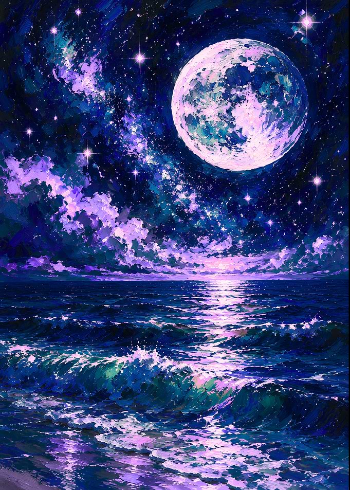 Full Moon Over Purple Ocean