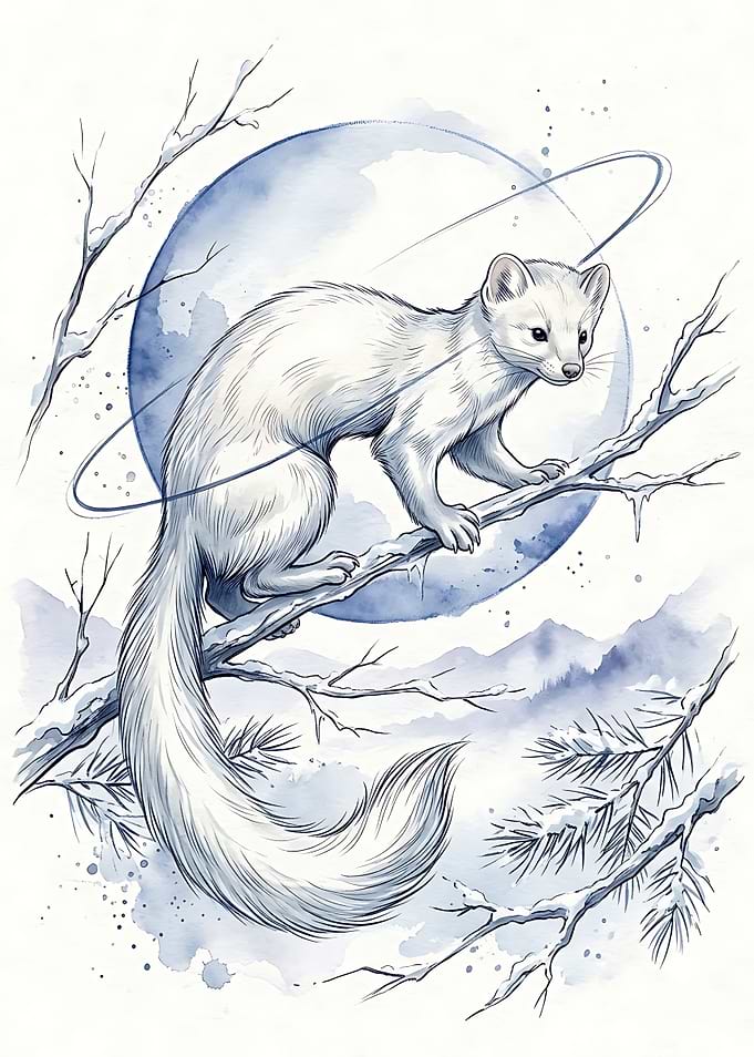 Watercolor Illustration of a Winter Stoat