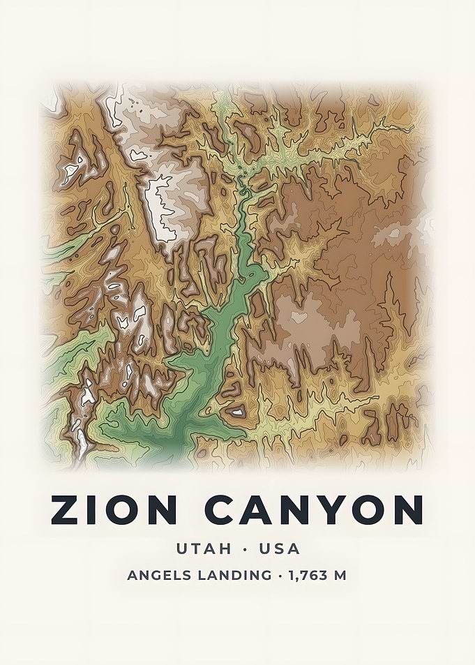 Zion Canyon Topographic Map Color Relief Poster
