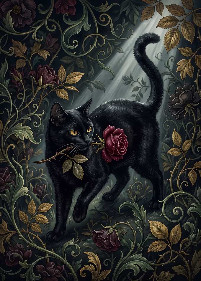 Black Cat Holding a Red Rose