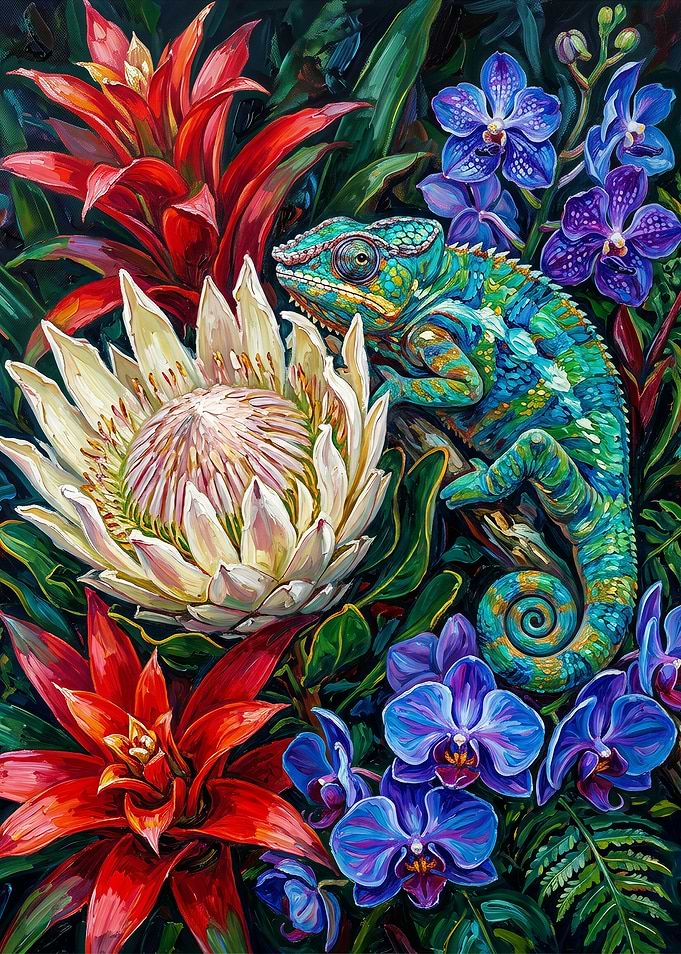 Chameleon Among Tropical Flowers Painting