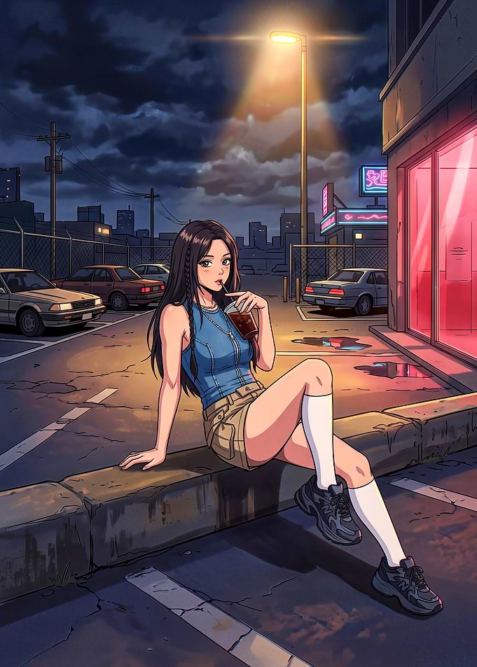 Anime Girl Relaxing in Parking Lot