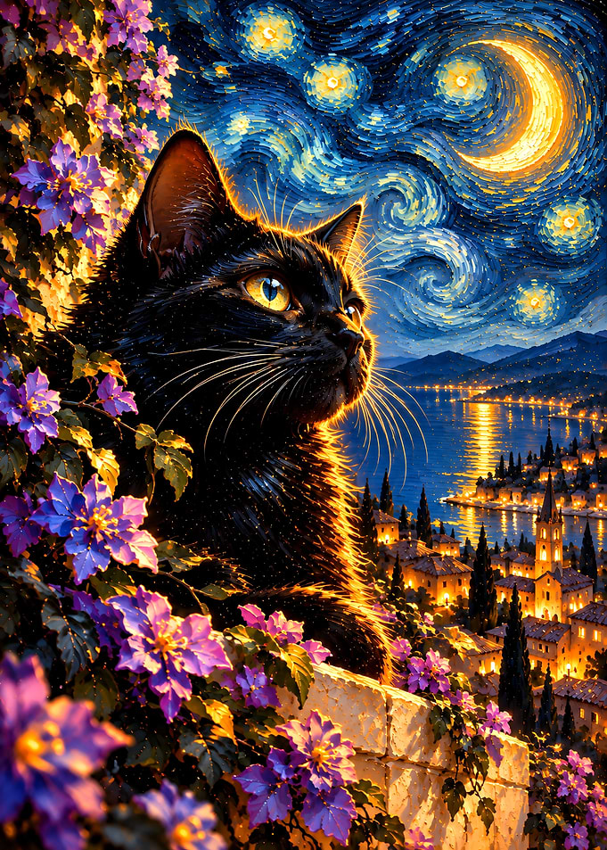 Black Cat Under Starry Night Sky