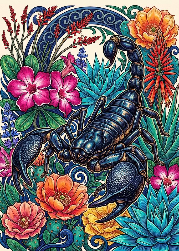 Intricate Scorpion Amidst Desert Flora
