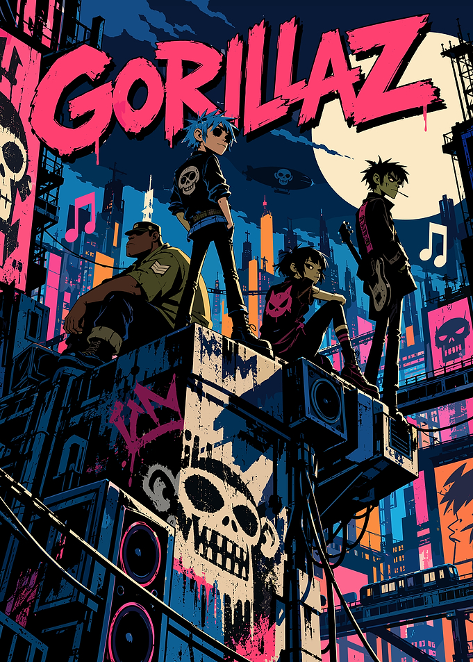 Gorillaz Band Cyberpunk Cityscape Poster