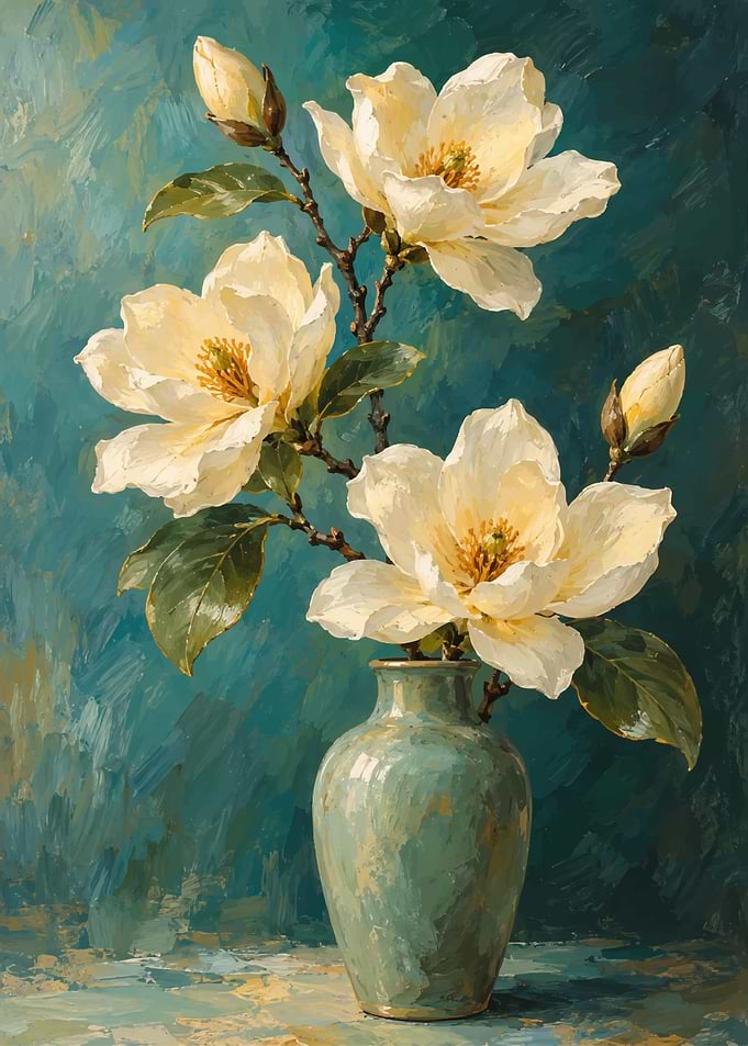Magnolia Flowers in Teal Vase