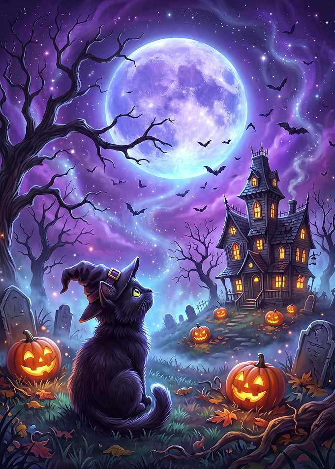 Black Cat in Witch Hat Halloween