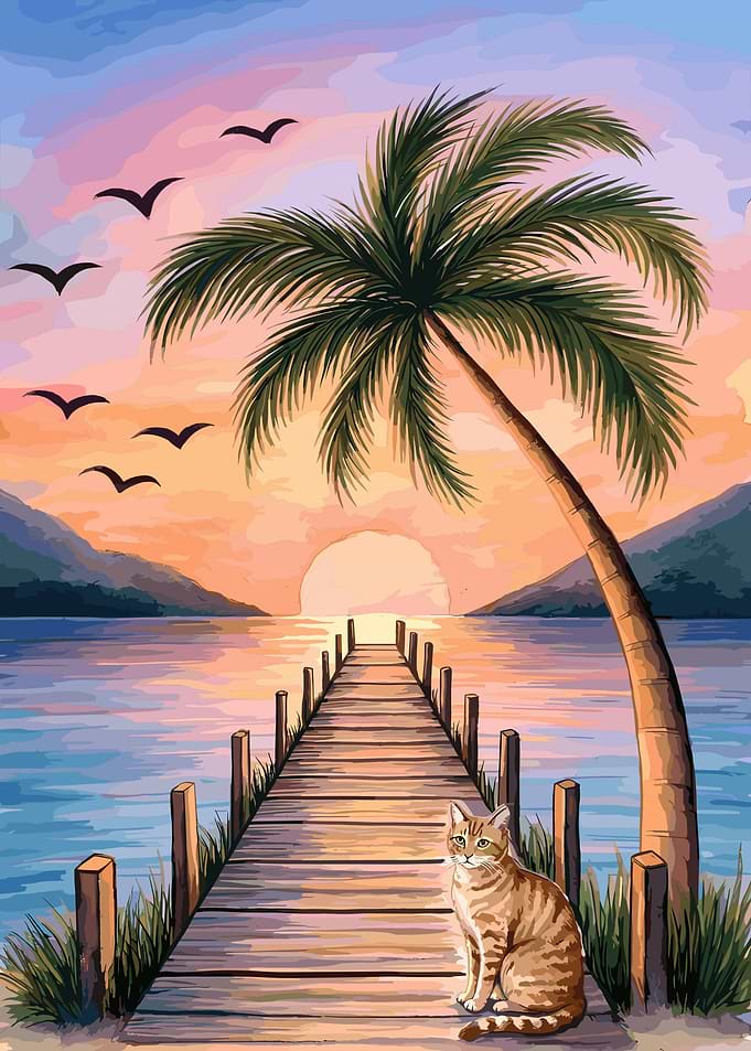 Cat Sitting on Pier at Sunset