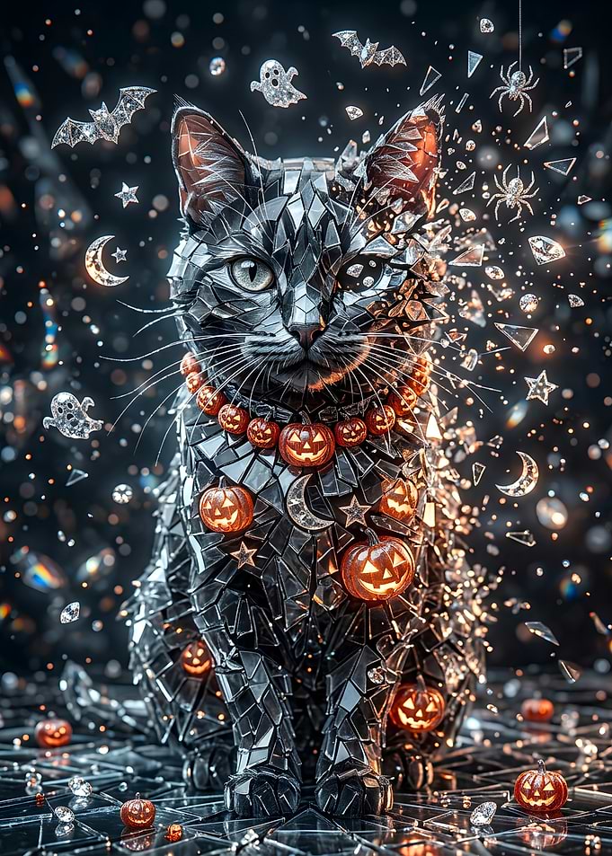 Stained Glass Halloween Cat Mosaic
