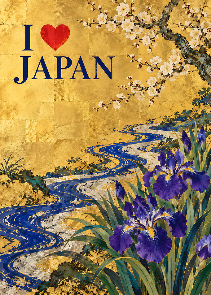 I Heart Japan - Gold, irises, plum and stream