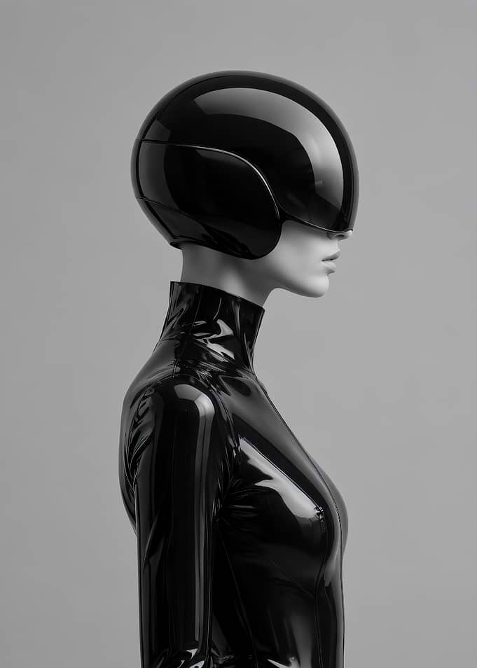 Futuristic Monochrome Figure - Black Glossy Helmet Minimalist