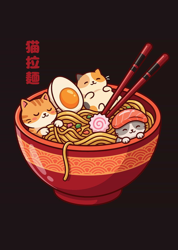 Cute Cats in Ramen Bowl