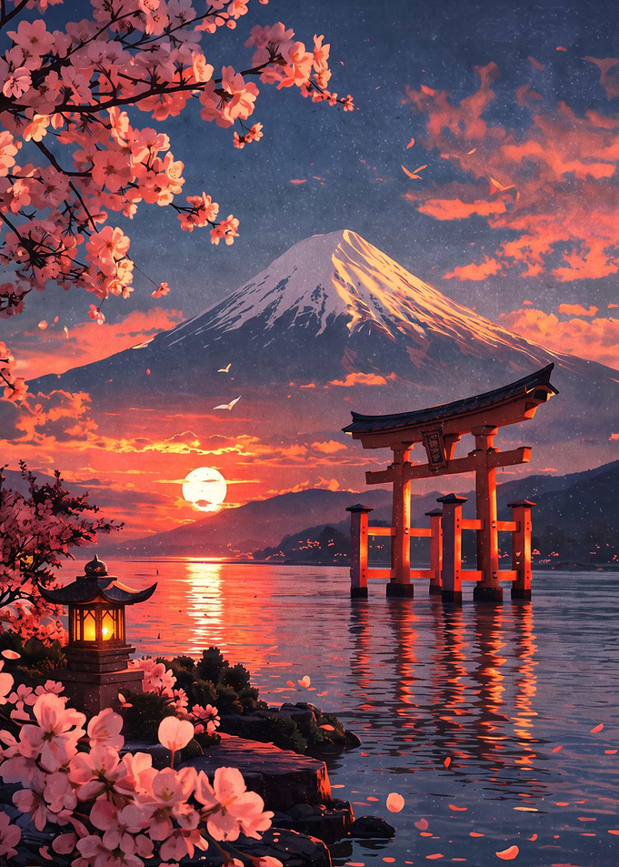 Mount Fuji and Torii Gate Sunset