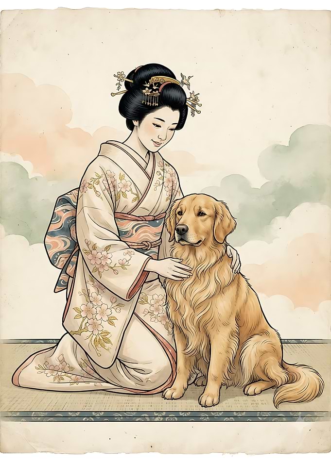 Japanese Woman in Kimono with Dog