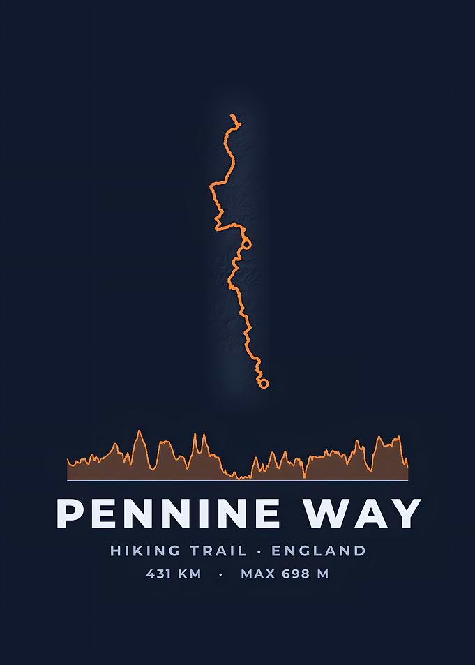 Pennine Way Hiking Trail Map Midnight Blue Print
