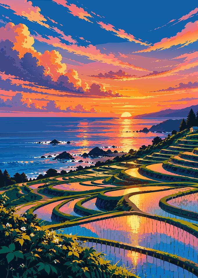 Noto Senmaida: Vintage Japanese Sunset Landscape