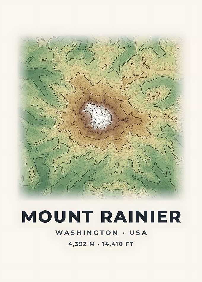 Mount Rainier Topographic Map Color Relief Poster