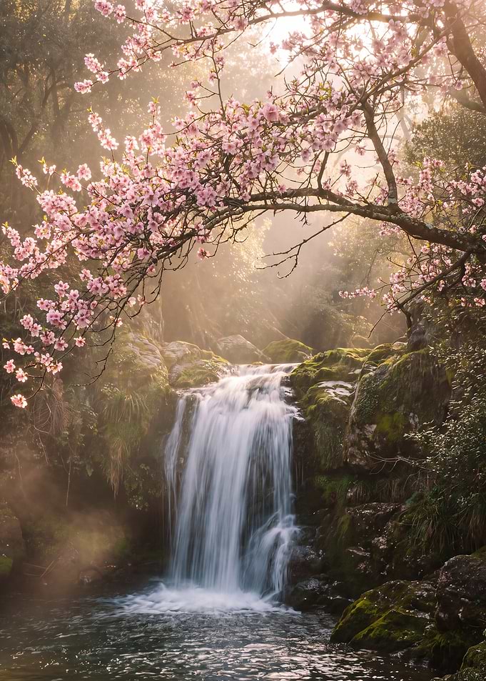 Waterfall Under Blooming Cherry Blossoms