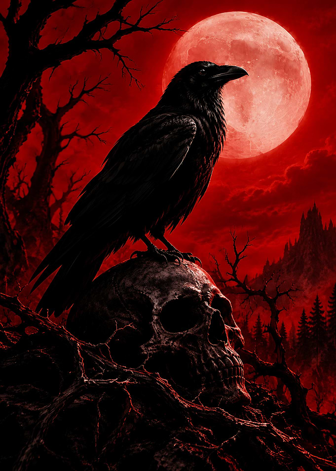Raven Perched on Skull Under Moon
