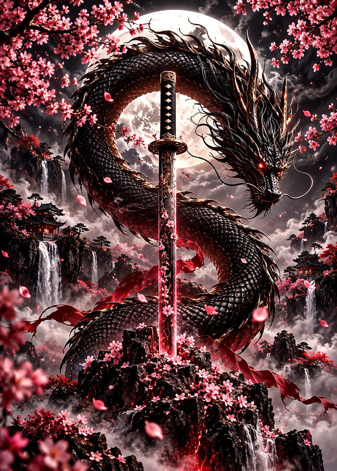 Dragon and Katana in Cherry Blossoms