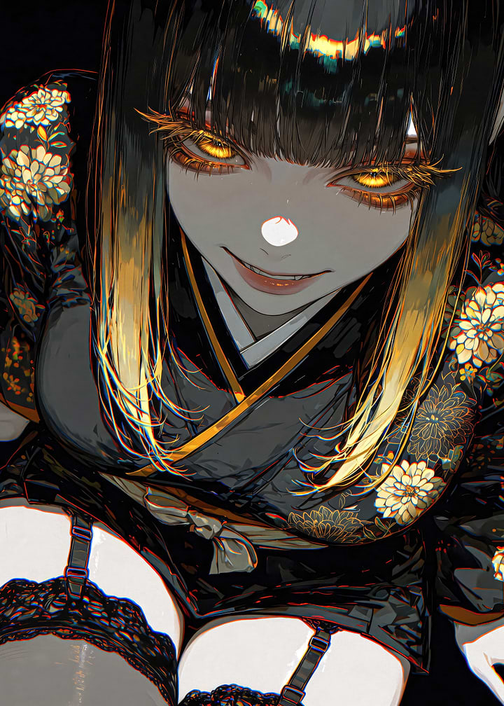 Mysterious Anime Girl in Floral Kimono