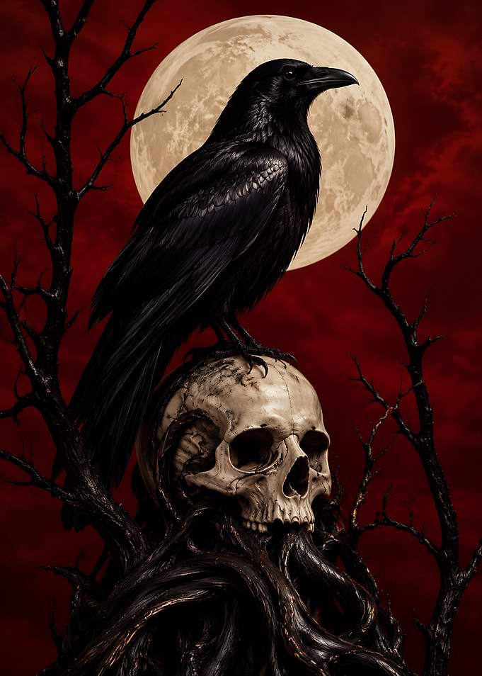 Raven Perched on Human Skull