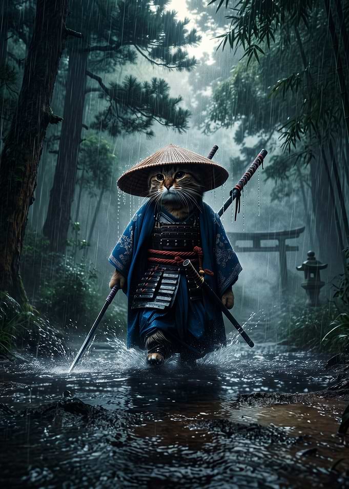Samurai Cat in Rainy Forest