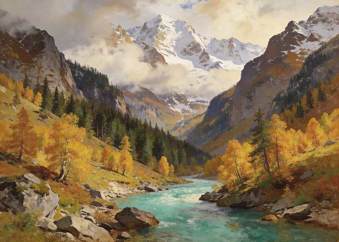 Autumn Mountain River Landscape Painting