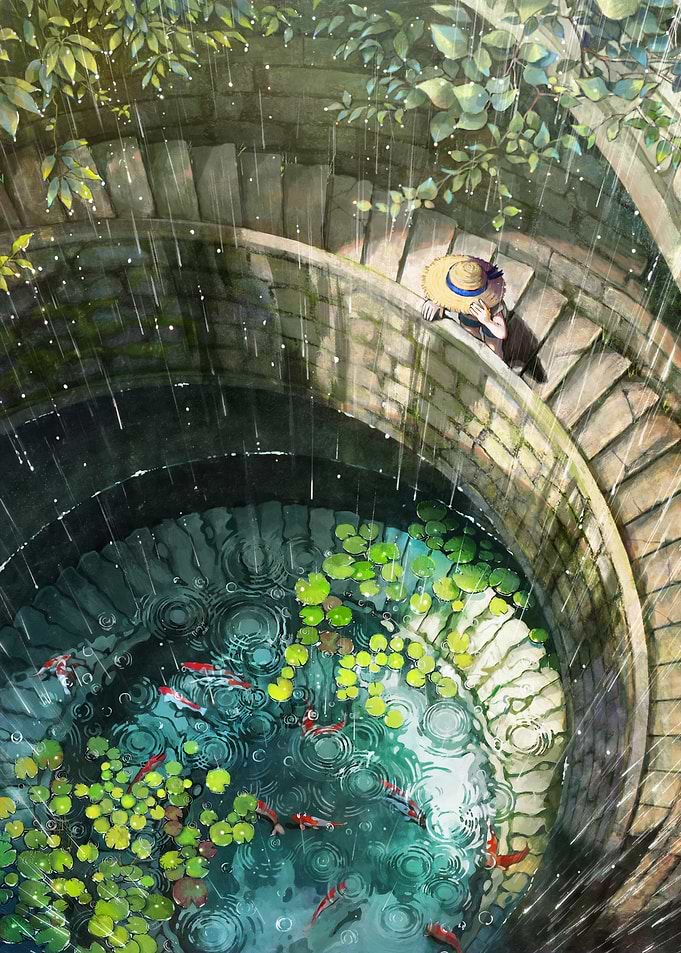 Girl Watching Koi in Rainy Well