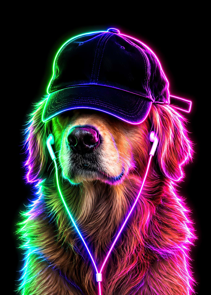 Neon Golden Retriever with Headphones