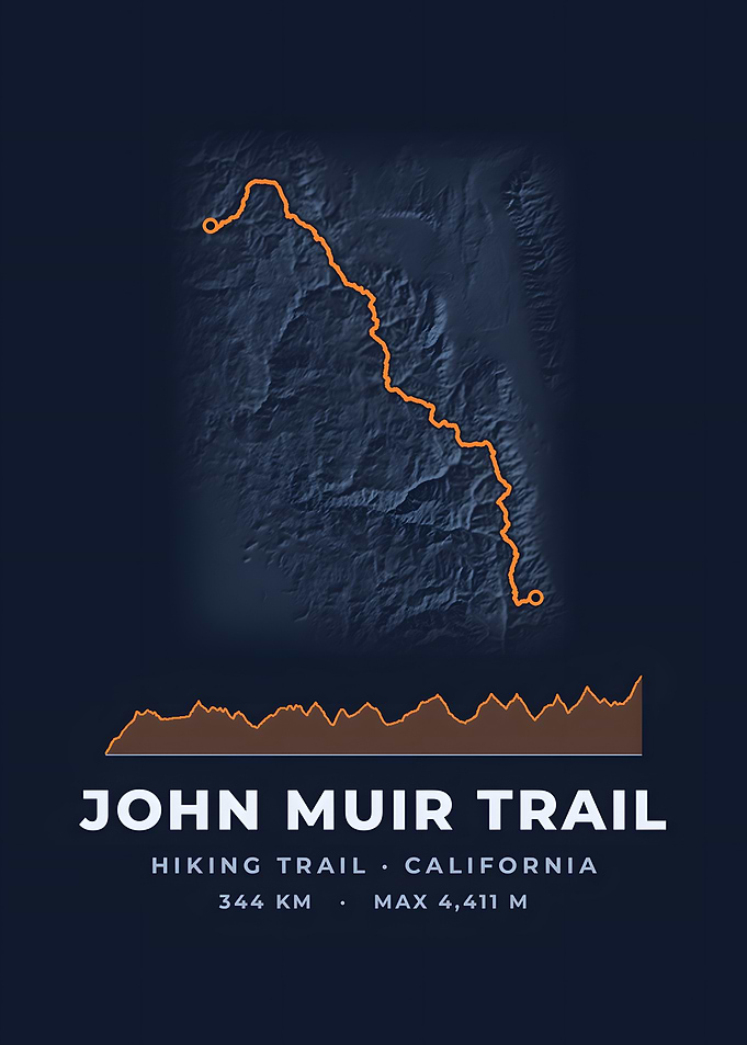 John Muir Trail Hiking Trail Map Midnight Blue Print