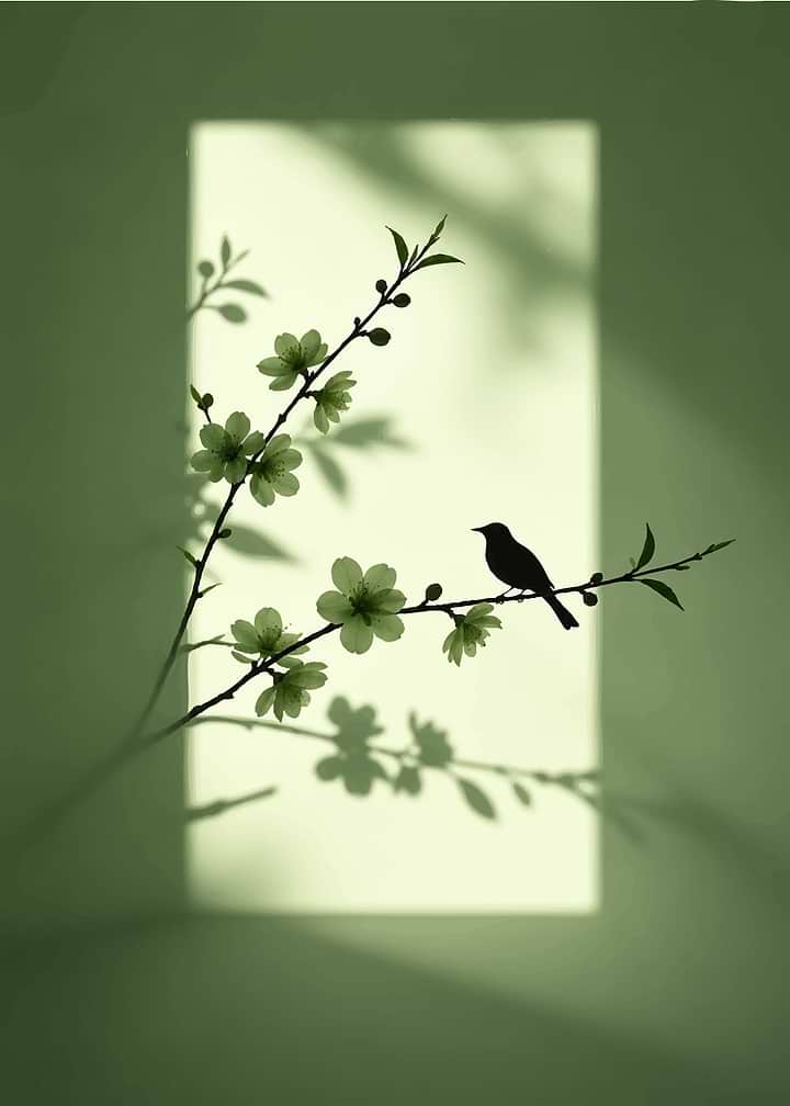 Minimalist Bird on Flowering Branch