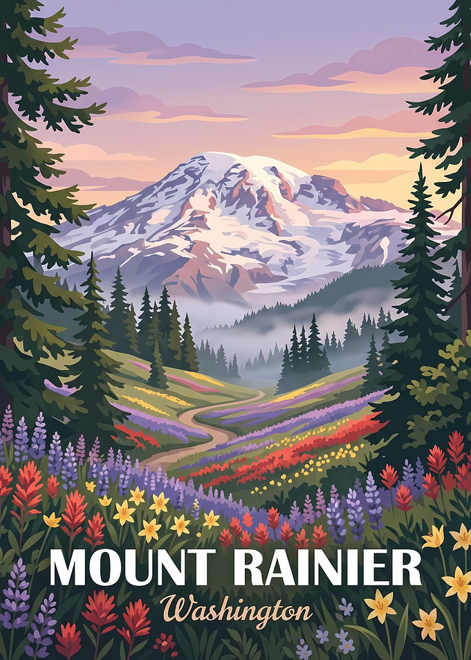 Mount Rainier Washington Vintage Travel Poster