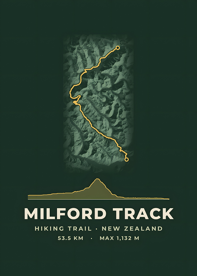 Milford Track Hiking Trail Map Forest Green Print